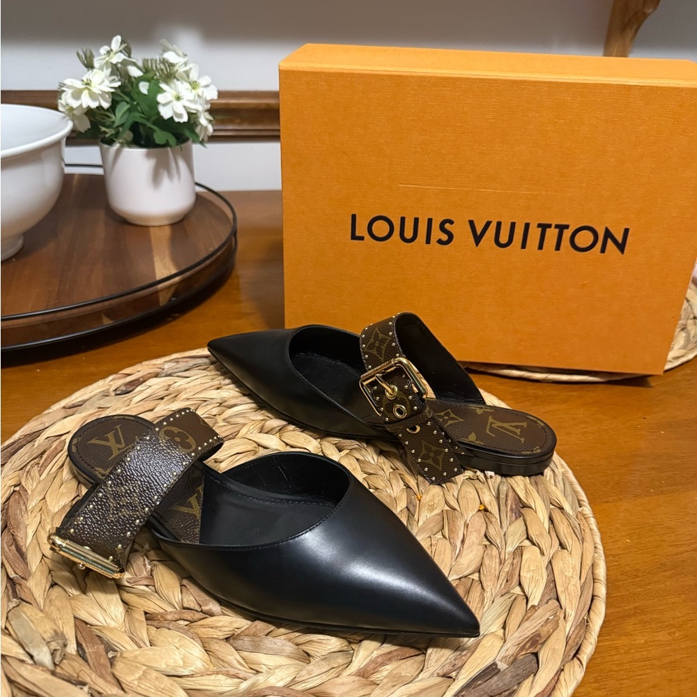 Louis Vuitton Black Mules with Monogram Detailing